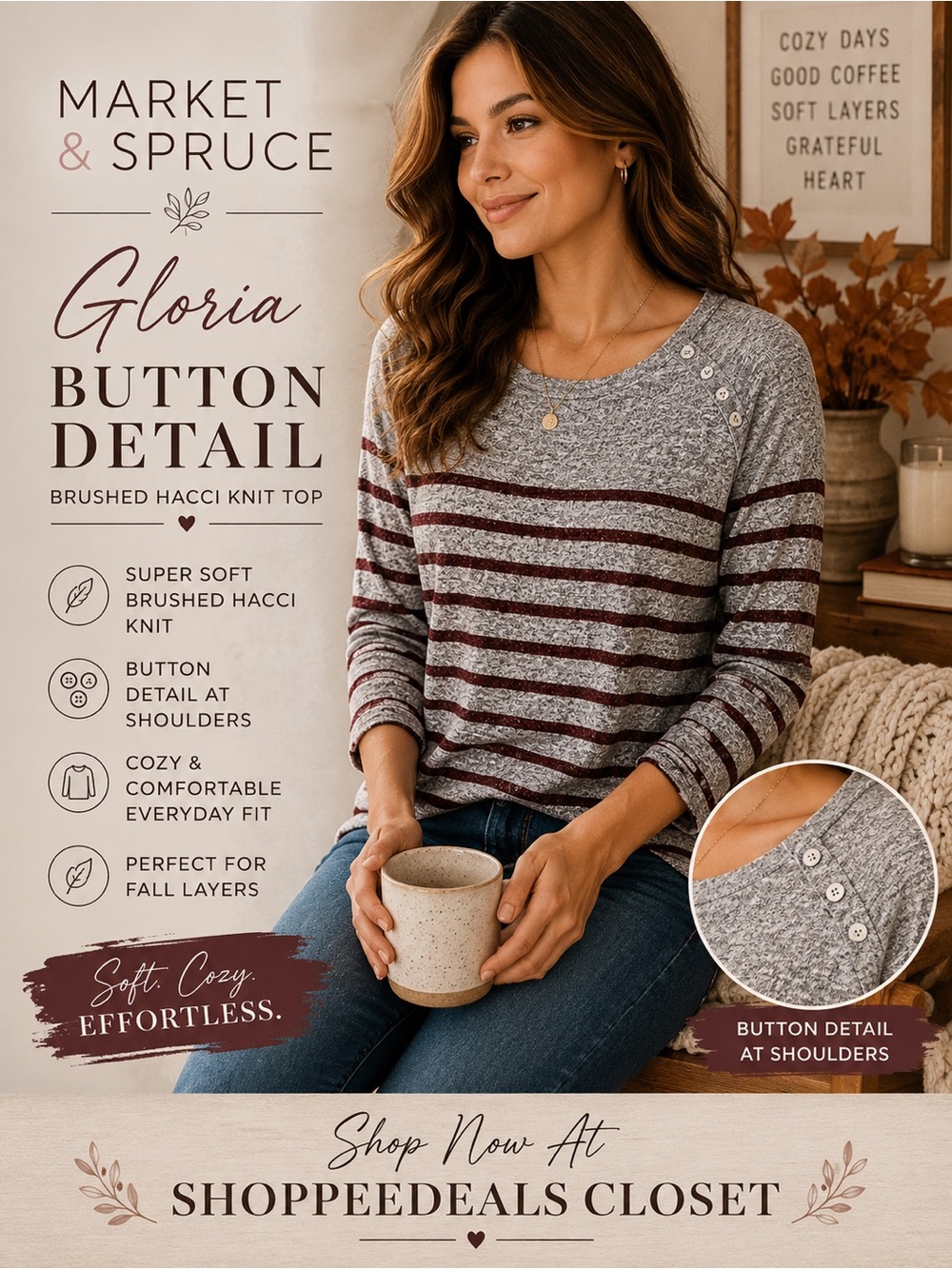 Market & Spruce Gloria Button Brushed Hacci Knit Top Gray Burgundy Striped